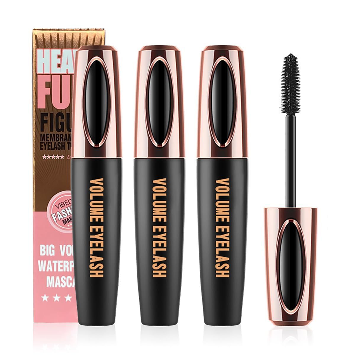 4D Silk Fiber Lash Mascara Extension Voluminous Mascara Waterproof &amp; Smudge-Proof Long-Lasting 24 Hours No Flaking Longer Thicker Eyelashes,All Day Exquisitely Full (3 Packs)