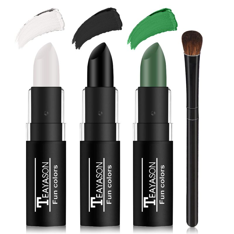 DAMUSI 3 Colors Body Face Paint Sticks Professional Eye Black Baseball Softball Football,Halloween Joker Clown Cosplay Makeup for Adults and KidsWhiteBlackGreen Eye Black Sticks