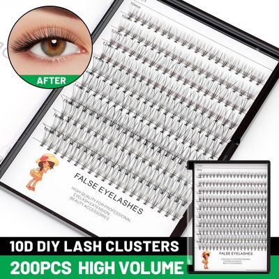 Bodermincer Large Box 200pcs 10D, 8-10-12-14mm Mixed Professional Makeup Individual Cluster Eye Lashes Grafting Fake False Eyelashes (10-12-14-16mm Mixed)