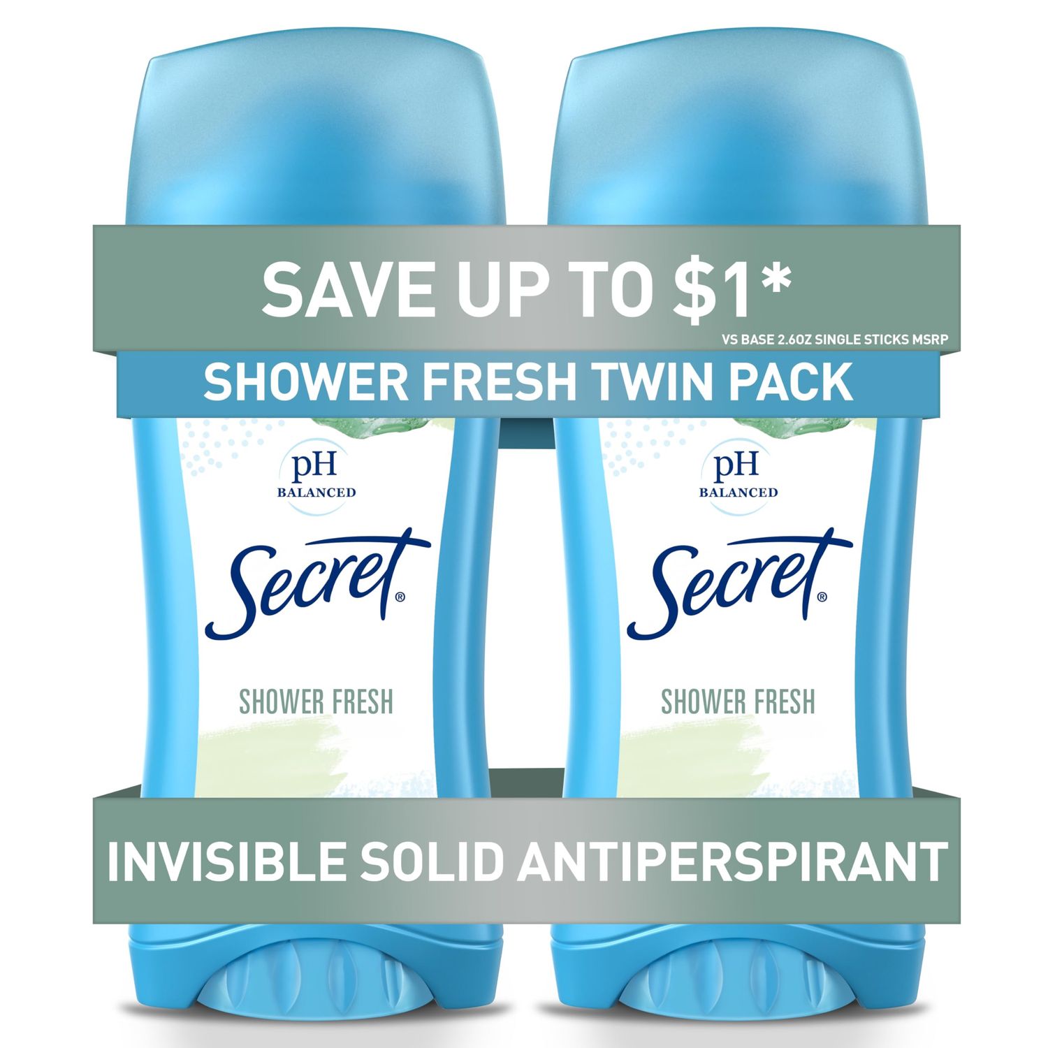 Secret Antiperspirant and Deodorant for Women, 24hr Sweat &amp; Odor Protection, PH Balanced Protection, Gentle on Skin, Invisible Solid, Shower Fresh Scent, 2.6 oz (Pack of 2)