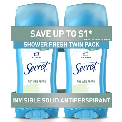 Secret Antiperspirant and Deodorant for Women, 24hr Sweat &amp; Odor Protection, PH Balanced Protection, Gentle on Skin, Invisible Solid, Shower Fresh Scent, 2.6 oz (Pack of 2)
