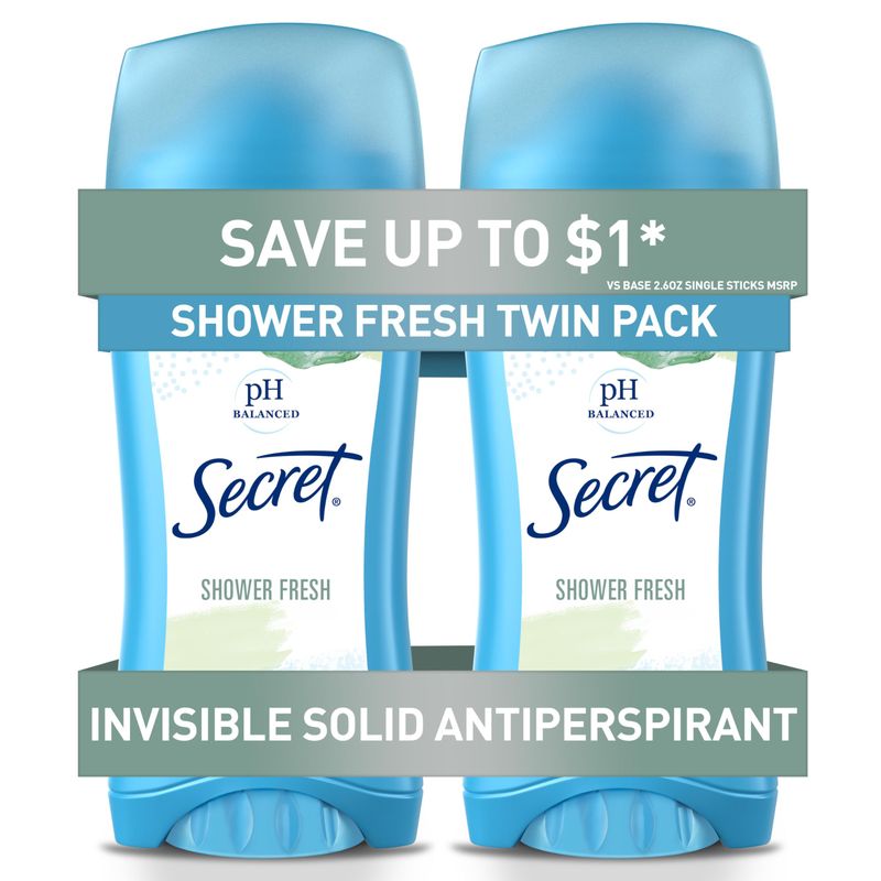 Secret Antiperspirant and Deodorant for Women, 24hr Sweat &amp; Odor Protection, PH Balanced Protection, Gentle on Skin, Invisible Solid, Shower Fresh Scent, 2.6 oz (Pack of 2)