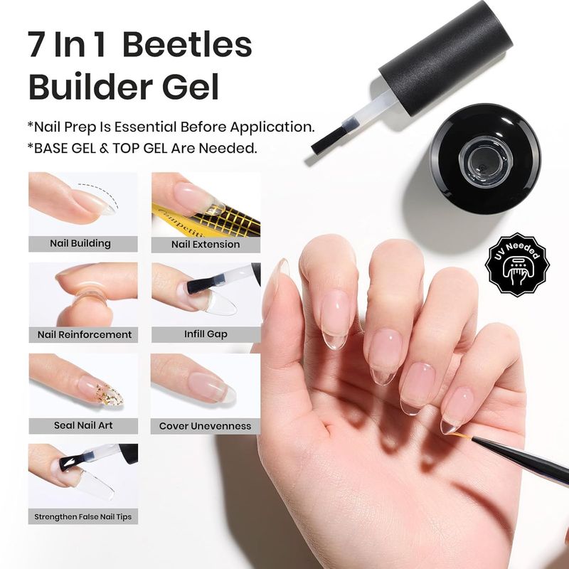 Beetles Builder Gel 7 in 1 Clear Builder Nail Gel Set, 2Pcs 15ml Building Nail Gel for Nail Apex and Extension Strengthener Hard Gel Brush in Bottle, Led Lamp Gel Rhinestone Valentines Day Gifts