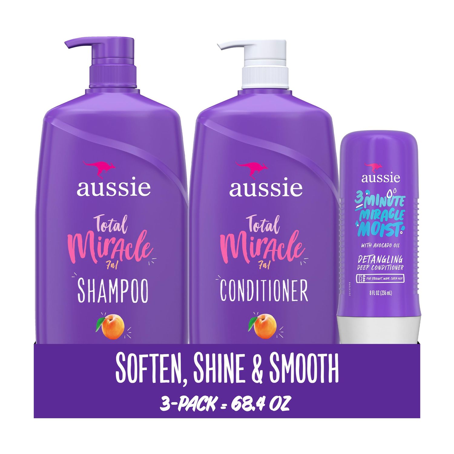 Aussie Total Miracle Hair Care Bundle Shampoo, Conditioner, and 3 Minute Deep Treatment with Apricot &amp; Macadamia Oil, Paraben-Free for Damaged Hair, 26.2 &amp; 8 Fl Oz