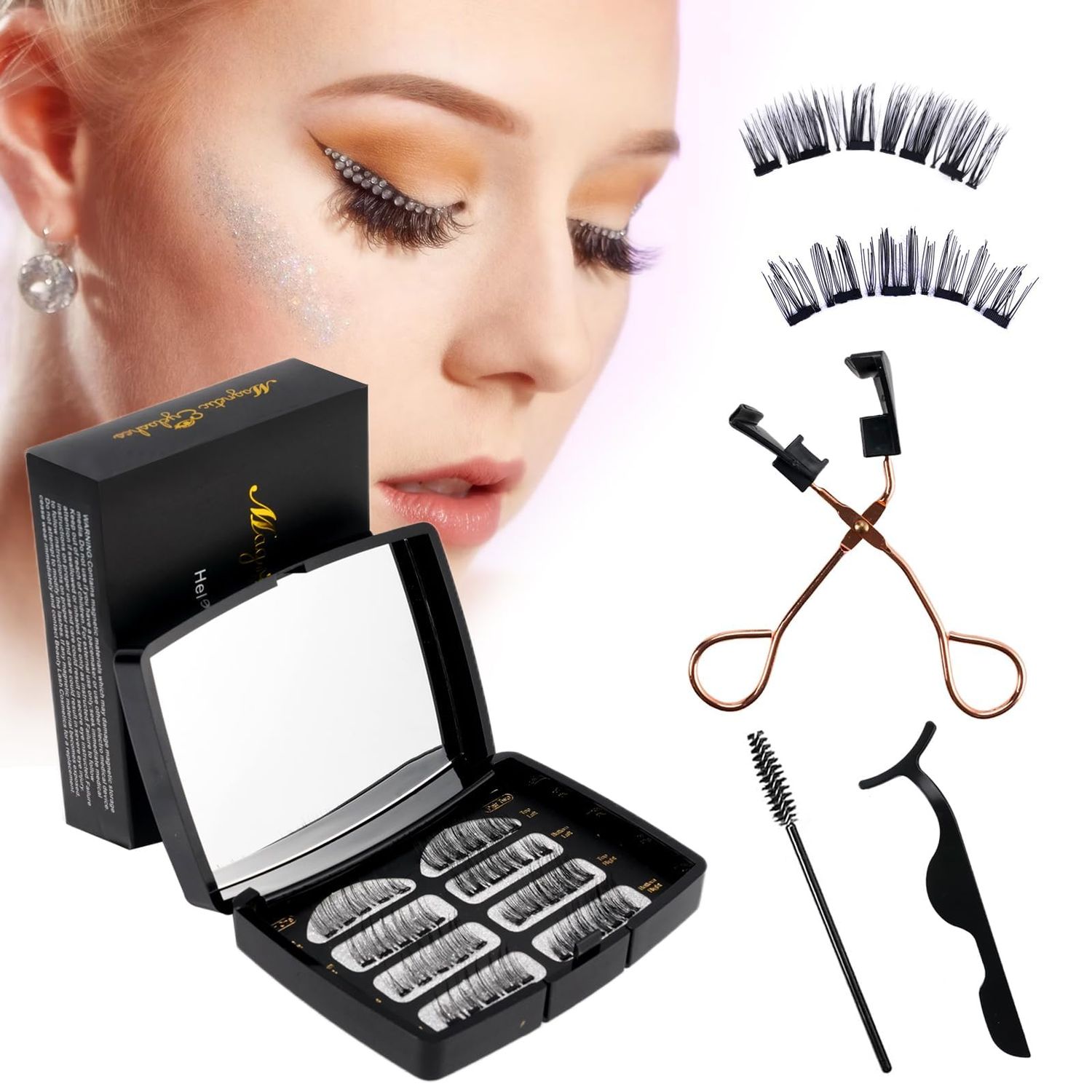 Magnetic Eyelashes, 2 Pair Reusable Magnetic Eyelashes with Applicator, Magnetic eyelashes with 5 magnet,No Glue or Liquid Eyeliner Needed,Easy to Wear and Remove,Natural Look