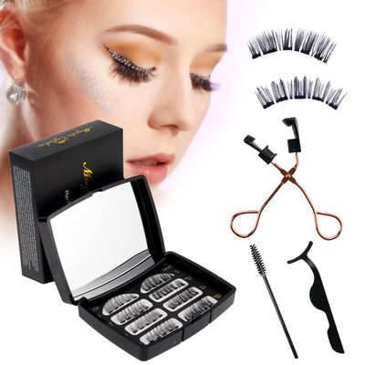 Magnetic Eyelashes, 2 Pair Reusable Magnetic Eyelashes with Applicator, Magnetic eyelashes with 5 magnet,No Glue or Liquid Eyeliner Needed,Easy to Wear and Remove,Natural Look