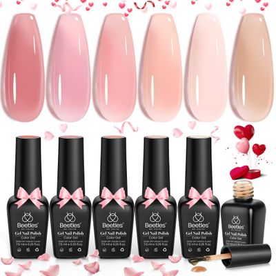 Beetles Spring Gel Nail Polish Set, 6 Colors Jelly Gel Polish Nude Pink Gel Neutral Nail Art Design Translucent Gel Nail Kits Soak Off Uv Nail Lamp Cured Nail Manicure Valentines Day Gifts for Women