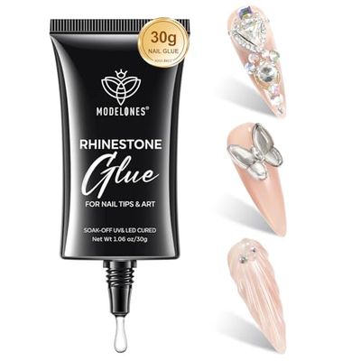 Modelones 4-in-1 Rhinestone Glue for Nails, Super Strong Nail Glue for Press on NailsNail Gems and Nail Charms, No Wipe Nail Art Glue for Nail Rhinestones, Nail Jewel Diamonds, 30 g Cured Need
