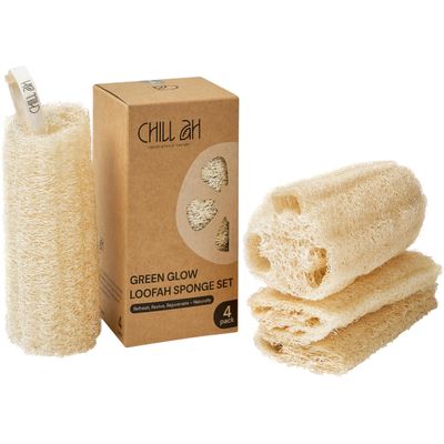 Chill Ah Green Glow Loofah Sponge Set - 100% Plant-Based, dye-Free, Biodegradable, Scratch-Free, Handcrafted in Vietnam (4-Pack)