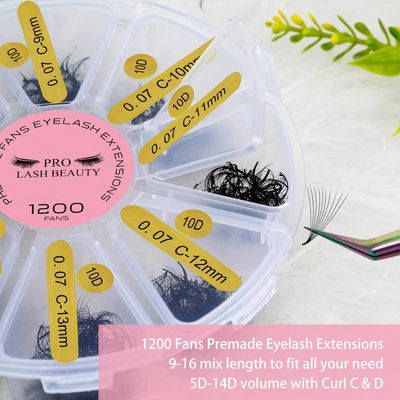 1200 Fans Premade Fans Eyelash Extensions Premade Volume Lash Extension Mixed Tray From 5D to 14D Handmade Lashes Bulk Promade Fans Soft Pointed Fans 10D-C-0.07-9-16mix