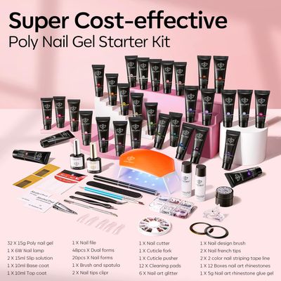 Modelones 133pcs Poly Extension Gel Nail Kit, 32 Colors All Seasons Poly Nail Gel kit with Nail Lamp Slip Solution Builder Nail kits Manicure Tools Nail Forms for Starter Nail Art for Women