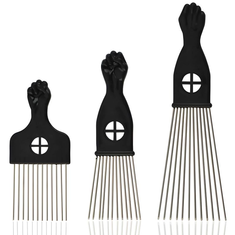 Kootinn 3-Piece Stainless Steel Afro Hair Pick Set, Fist Design for Men &amp; Women, Perfect for Natural Curly Afro Hair, Essential Hairdressing Styling Tool