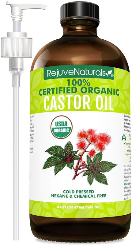 RejuveNaturals Castor Oil (16oz Glass Bottle) USDA Certified Organic, 100% Pure, Cold Pressed, Hexane Free. Boost Hair Growth for Thicker, Fuller Hair, Lashes &amp; Eyebrows.