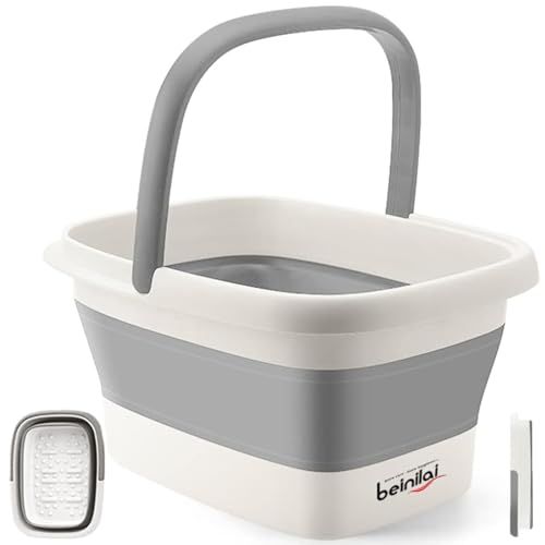 Collapsible Foot Bath Basin for Soaking Feet,Foot Soak Tub,Plastic Foot Bucket with Handles and Massage Acupoint,Foldable Laundry Basket-Gery