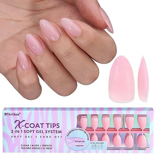 BTArtbox XCOATTIPS Natural Nail Tips -Short Almond Press On Nails Pink, Long Lasting Soft Gel Nails False Nail, Soak Off Acrylic Fake Nails Extensions for Nail Art DIY Valentines Day Gifts
