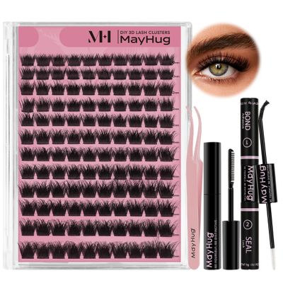 Mayhug Lash Clusters Kit, 144PCS 3D Fluffy Lash Clusters 10-18mm Eyelash Clusters with 10ml Bond and Seal, 5ml Lash Remover, Lash Tweezers, Soft &amp; Lightweight &amp; Easy to apply (Dramatic Kit)