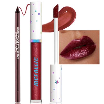Wugbc Lip Combo Kit, Metallic Lipstick for Women Long Lasting Matte Lip Liner Pencil Shimmer Lip Gloss Stick Glitter Non Stick Cup Dark Red Lip Color Makeup Transfer Proof Pearl Daily Shinning