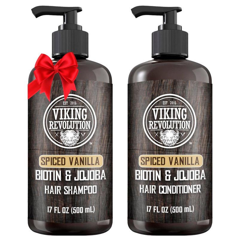 Viking Revolution Spiced Vanilla Mens Shampoo and Conditioner Set with Biotin and Jojoba Oil - Natural Hair Shampoo and Hair Conditioner for Men with Vitamin B5 - Mens Shampoo for Thinning Hair (17Oz)