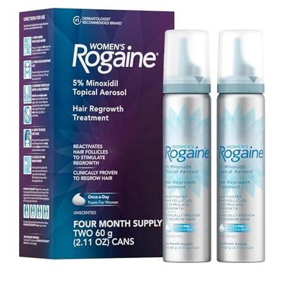 Rogaine Women&#39;s 5% Minoxidil Foam, Topical Once-A-Day Hair Loss Treatment for Women to Regrow Fuller, Thicker Hair, Unscented, 4-Month Supply, 2 x 2.11 oz