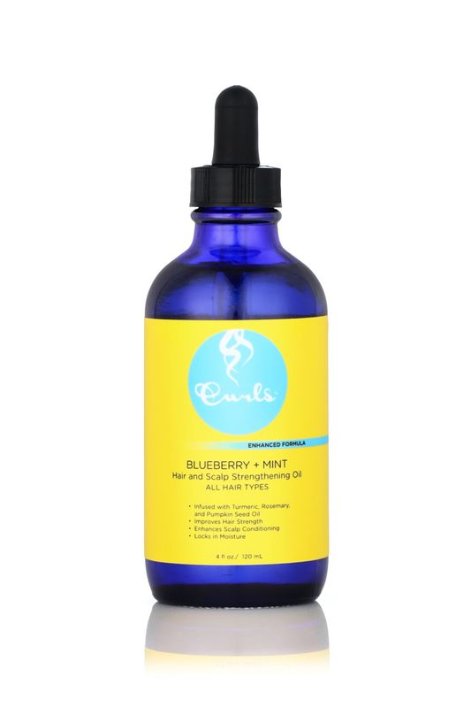 Curls Blueberry Bliss Blueberry &amp; Mint Hair and Scalp Strengthening Oil - 4 oz, Root-Penetrating Hair Oil with Turmeric, Rosemary &amp; Pumpkin Seed Oil, Hair and Scalp Treatment Oil, All Hair Types