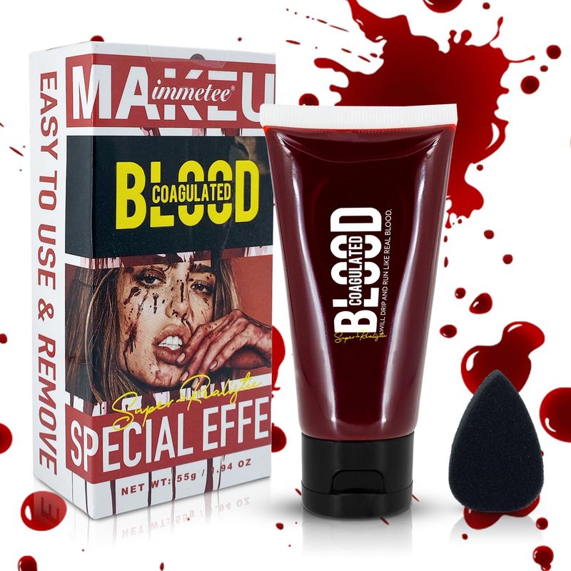 immetee Fake Blood Gel, Sfx Blood Gel with Stipple Sponge, Sfx Fake Blood Makeup Kit, Halloween Coagulated Stage Blood Specail Effects Makeup Face Body Paint. 55g