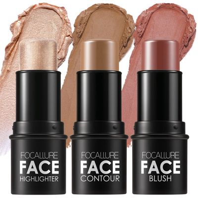 FOCALLURE 3 Pcs Cream Contour Sticks,Shades with Highlighter &amp; Bronzer &amp; Blush,Non-greasy Long-wear Face Contouring Pen,Easy to Sculpt the Face and Create a Lightweight Finishing Makeup,MEDIUM