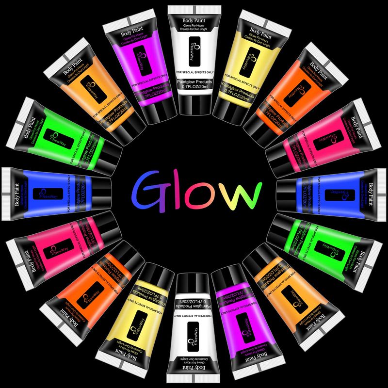 NewWay Luminous Neon Face &amp; Body Paint Glow in the Dark Party Supplies MakeUp Cream Paint Light For Halloween Christmas 8 Color 0.7 fl oz x 16 Tubes