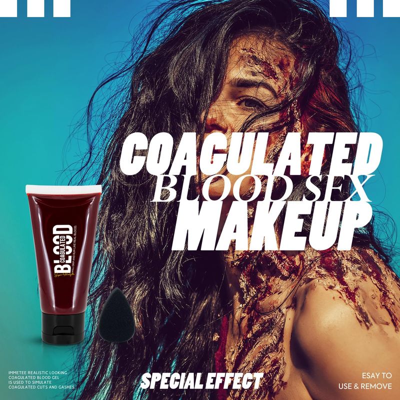immetee Fake Blood Gel, Sfx Blood Gel with Stipple Sponge, Sfx Fake Blood Makeup Kit, Halloween Coagulated Stage Blood Specail Effects Makeup Face Body Paint. 55g