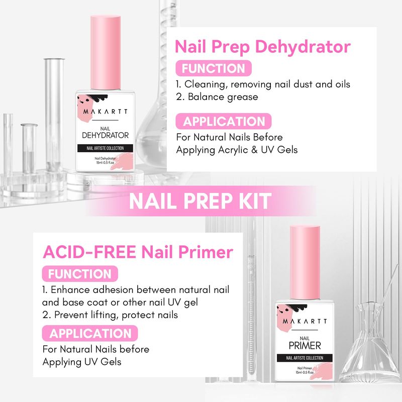 Makartt Nail Dehydrator and Primer Set Acid Free Air Dry Professional Long-lasting Nail Prep Hema Free Nail Primer for Acrylic Nails Powder UV Gel Nail Polish(15ML0.5 oz)