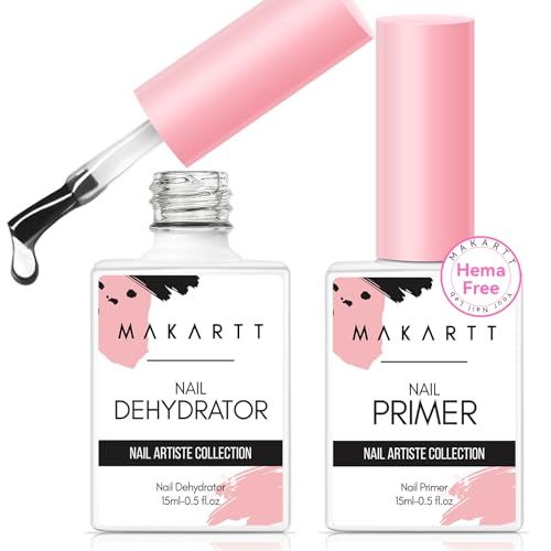 Makartt Nail Dehydrator and Primer Set Acid Free Air Dry Professional Long-lasting Nail Prep Hema Free Nail Primer for Acrylic Nails Powder UV Gel Nail Polish(15ML0.5 oz)
