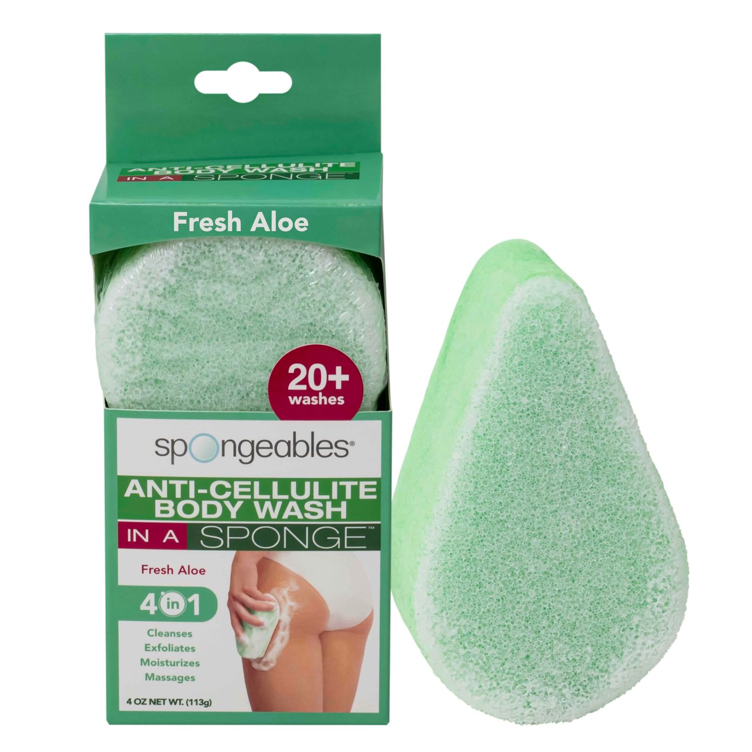 Spongeables Anti Cellulite Body Wash in a 20 Wash Sponge, Fresh Aloe, 1 Count