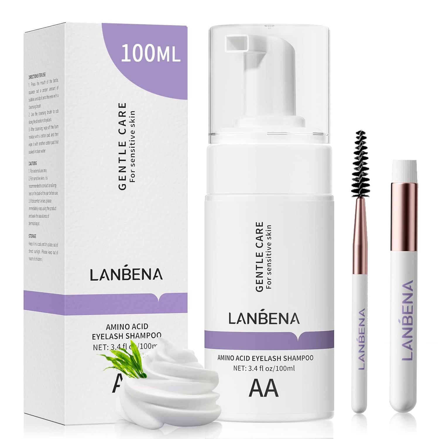LANBENA 100ml Eyelash Extension CleanserShampoo with AMINO ACID, Oil Free Foam Bath Lash Cleaning Kit with Brush,Home Salon Use