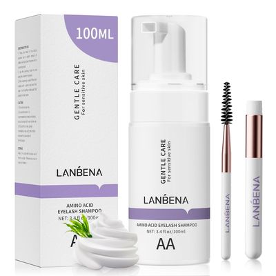 LANBENA 100ml Eyelash Extension CleanserShampoo with AMINO ACID, Oil Free Foam Bath Lash Cleaning Kit with Brush,Home Salon Use