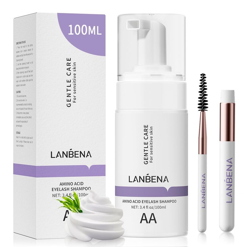 LANBENA 100ml Eyelash Extension CleanserShampoo with AMINO ACID, Oil Free Foam Bath Lash Cleaning Kit with Brush,Home Salon Use