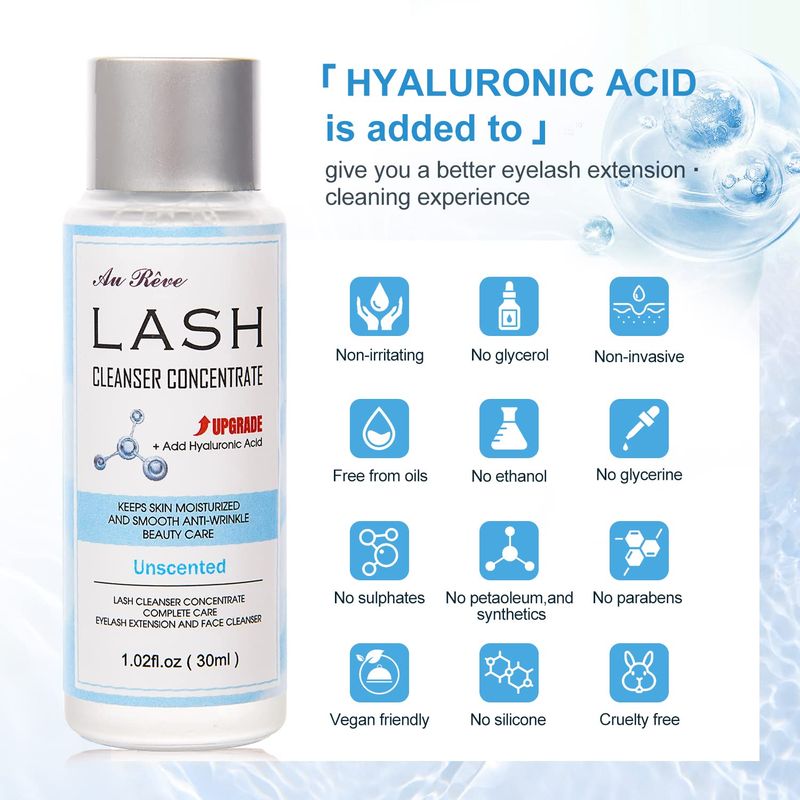 AuReve Lash Shampoo Concentrate 30ml Lash Cleanser Concentrate Add Hyaluronic Acid Oil-Free Lash Extension Shampoo Perfect for SalonUnscented