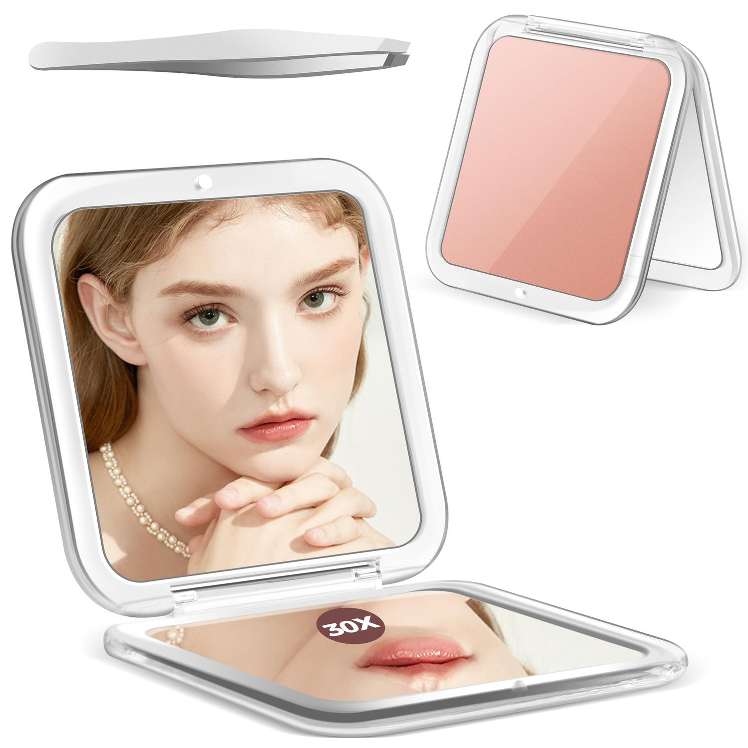 MIYADIVA Compact Mirror, 30X Magnifying Mirror, Pocket Mirror for Purse, Travel Makeup Mirror with 30X1X Magnification, Travel Essentials Mirror, Precision Tweezers, Present for Girls