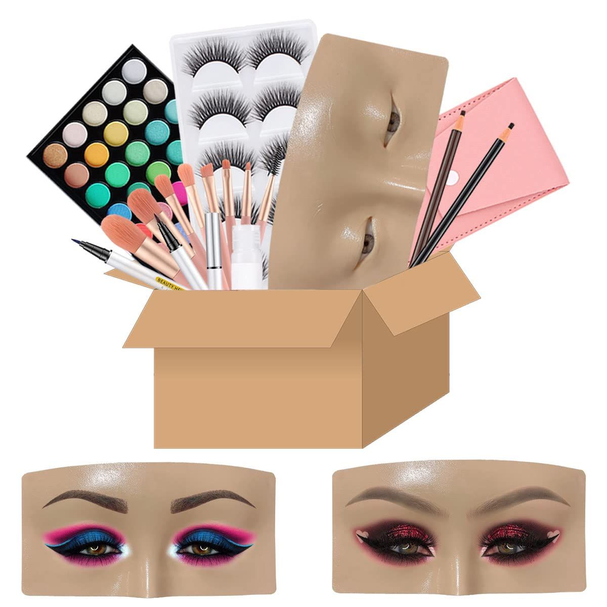 Makeup Practice Face Board, Resusable 3D Makeup Mannequin Face, Eyes Makeup Practice Face with Makeup Kit for Makeup Student and Beginner to Practice Eyeshadow Eyeliner Eyebrow Makeup &amp; Lash Extension