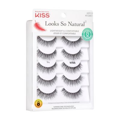KISS Looks So Natural False Eyelashes Multipack, Lightweight &amp; Comfortable, Tapered End Technology, Reusable, Cruelty-Free, Contact Lens Friendly, Style 'Shy', 5 Pairs Fake Eyelashes