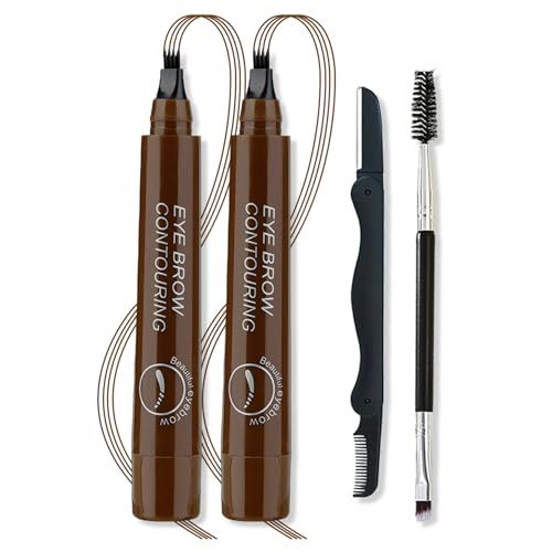 AWCCXMYM 2Pcs Microblading Eyebrow Pencil Kit, 4 Fork Tip Eyebrow Pen Waterproof Long Lasting Up to 24h Smudge Proof Liquid Eyebrow Contouring Pen for Shapes Defines Fills Brow Pencil #Dark Brown