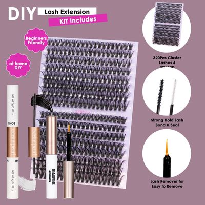 OCEAN PEARL 40D 50D Lash Clusters Lash Extension Kit 320 Pcs Thick Eyelashes Fluffy Lash Clusters Kit 10-16mm Eyelash Extension Kit Individual Lashes with Bond and Seal Tweezers DIY Eyelash Extension