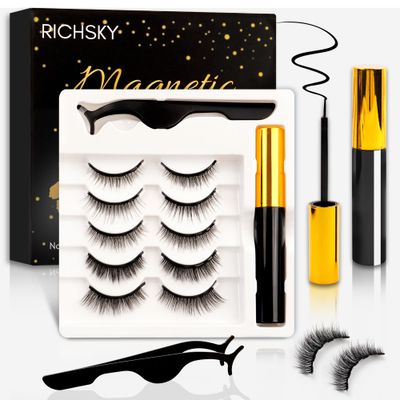 Richsky Magnetic Eyelashes, 3D Reusable Natural Magnetic Eyelashes Waterproof Set with 10ml Upgraded Hypoallergenic Magnetic Eyeliner Kit,Easy to Apply-No Glue(5 Pairs)