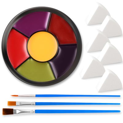 6 Colors Halloween Face Body Paint  6pc Sponge  3pc Brush, Yellow Purple Red Green Bruise Wheel for SFX Makeup, Face-Paint Body Paint Halloween Makeup Kit for Zombie Clown Joker Alien Witch Makeup