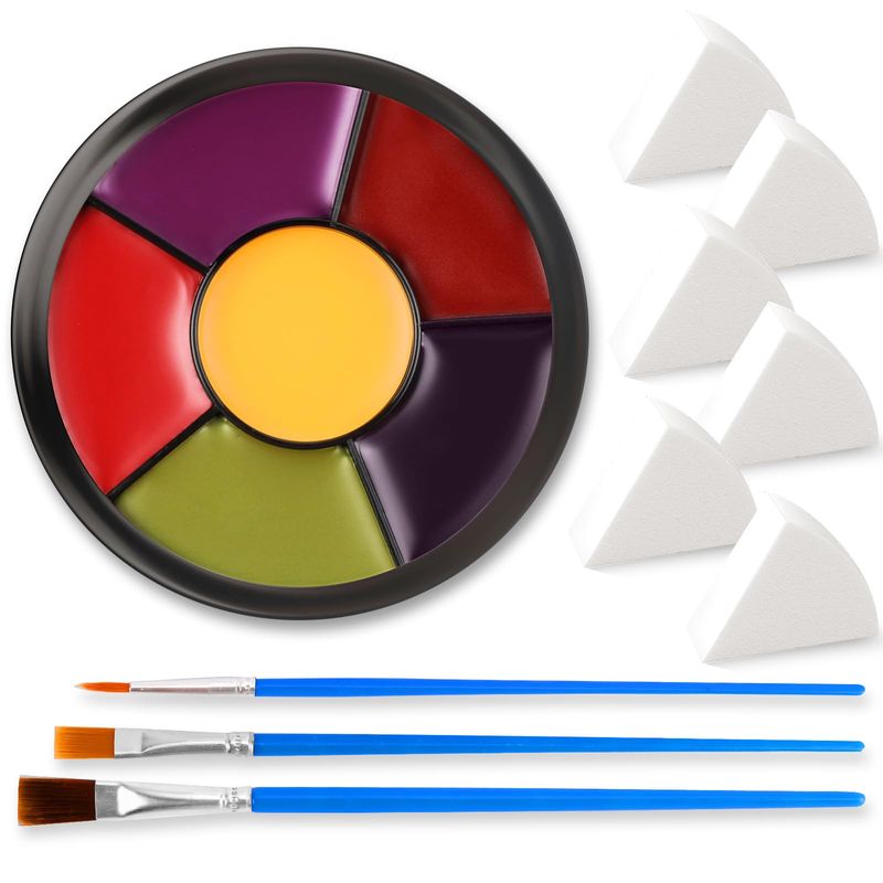 6 Colors Halloween Face Body Paint  6pc Sponge  3pc Brush, Yellow Purple Red Green Bruise Wheel for SFX Makeup, Face-Paint Body Paint Halloween Makeup Kit for Zombie Clown Joker Alien Witch Makeup