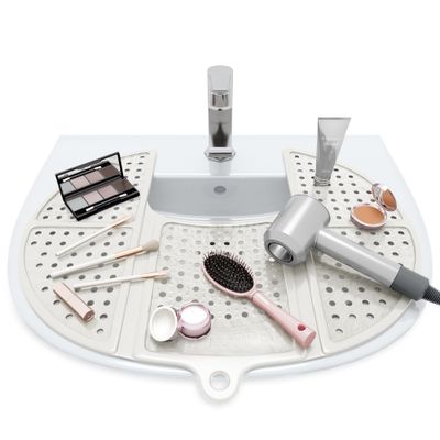 Sink Topper Foldable Sink Cover - Silicone Beauty Makeup Brush Cleaning Mat Hot Tools Organizer - for Extra Space &amp; Storage Saver - Bathroom Must Have - Standard, Pearl