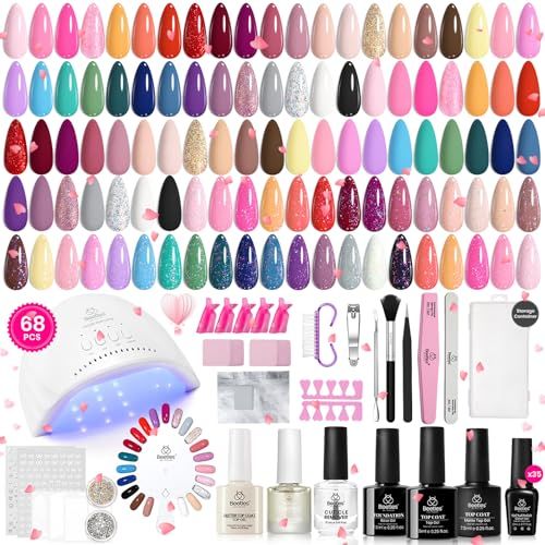 Beetles Gel Nail Polish Kit with U V Light - 68 Pcs Set 35 Colors Pink Glitter Nude Gray Gel Polish with Base Matte&amp;Glossy Top Coat Vivid Seasons Gel Nail Set Nail Art Valentines Day Gifts for Women