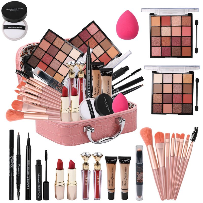 Delymol Makeup Kit for Teen Girls,All in One Makeup Kit for 2X16 Colors Eyeshadow Liquid Foundation Eyeliner Pencils Contouring Stick Lip Gloss Eyebrow Pencils 8Pcs Makeup Brushes etc (pink)