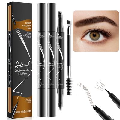 2PCS Upgraded Microblading Curved Eyebrow Pen, Natural Hair Like Eyebrow Pen with 4 Micro-Fork Tip,2-in-1 Dual-Ended Eyebrow Pen with Brow Brush, Dark Brown