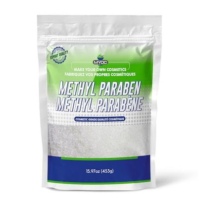 MYOC Methyl Paraben White Solid Powder Cosmetic Grade Raw Material Preservative for DIY Cosmetic Soaps, Shampoos, Conditioner &amp; Hair Serums Improves Shelf Life &amp; Manages Contamination -453 gm