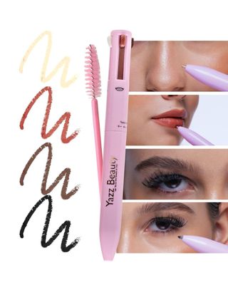 Yazz Beauty 4-in-1 Touch-Up Makeup Pen (Coral Champagne)Dark Brown Eyebrow Pencil, a Brown Mauve Lip Liner, a Black Eyeliner, and a Champagne Gold Shimmer Highlighter - Ideal for Travel