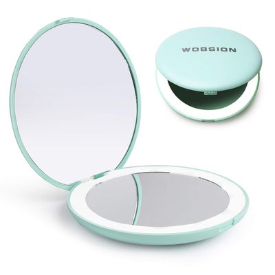 wobsion LED Lighted Travel Makeup Mirror, 1x10x Magnification, Compact, Portable for Handbag, Purse, Pocket, 3.5 inch Illuminated, Folding, Handheld, 2-Sided, Round, Cyan